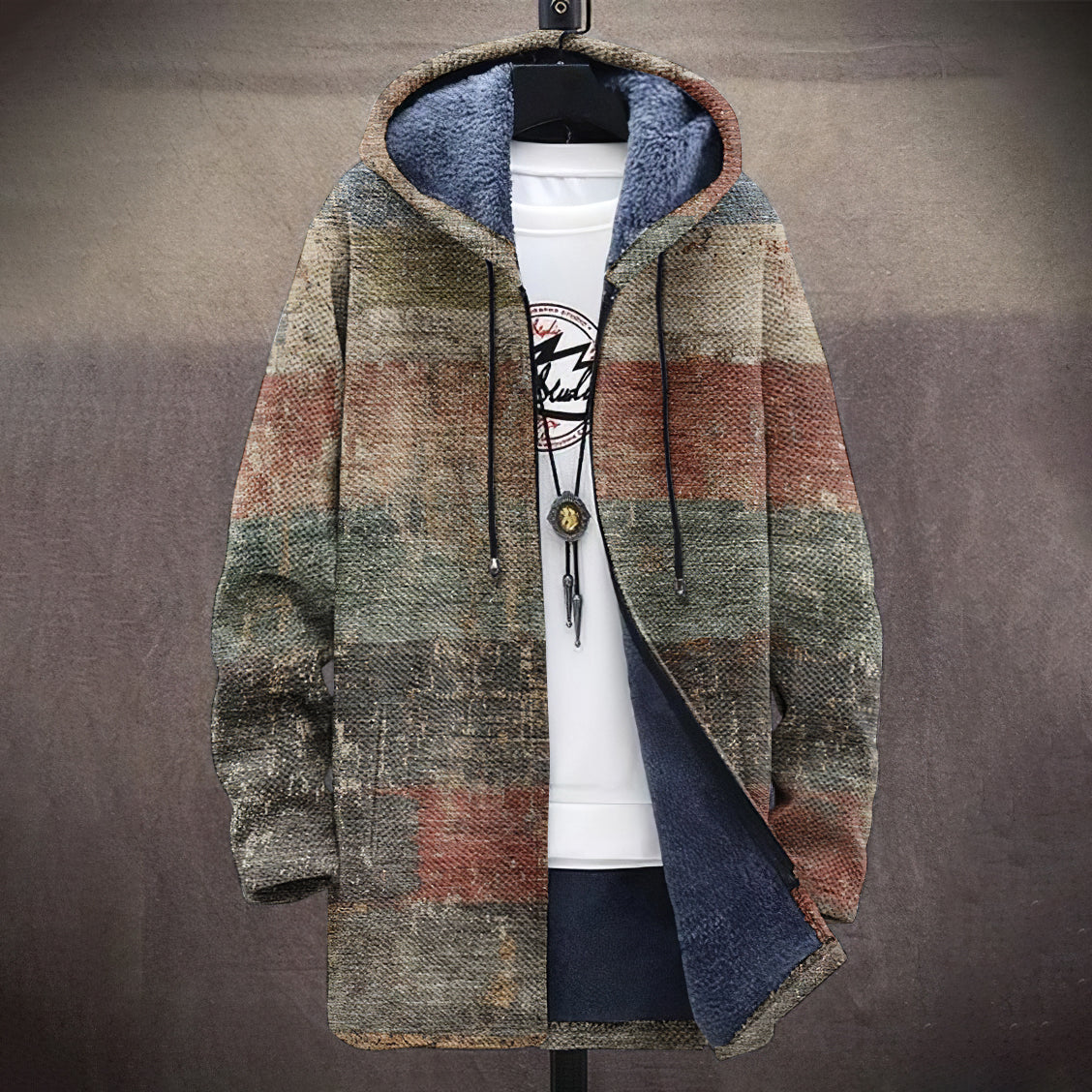 Men's Vintage Geometric Art Comfort Plush Hooded Coat artswardrobe