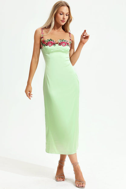 Satin Flower Embroidery Trim Cami Midi Dress Green