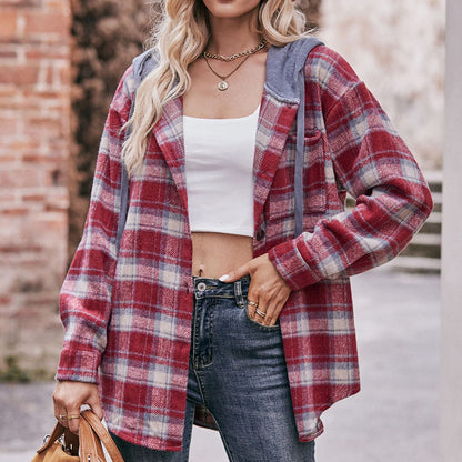 Hooded Flannel Plaid Coat Shirt in Multiple Colors