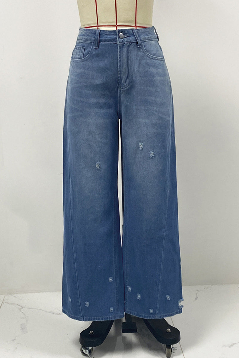 Street Gradient Color Ripped Pocket High Waist Loose Denim Jeans