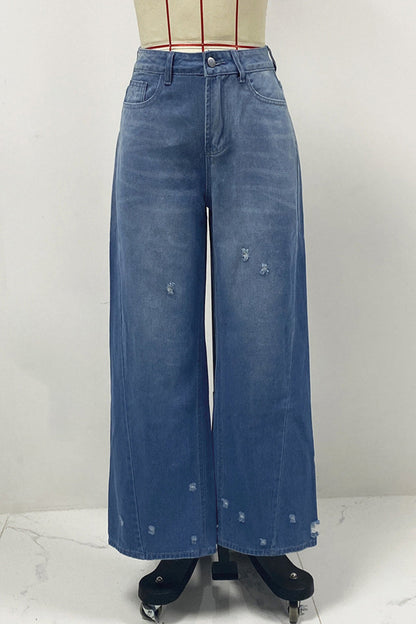 Street Gradient Color Ripped Pocket High Waist Loose Denim Jeans