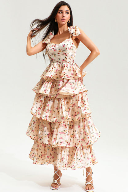 Lace Up Tiered Ruffle Hem Cami Maxi Dress