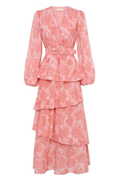 V-neck Lantern Sleeve Midi Dress With Belt