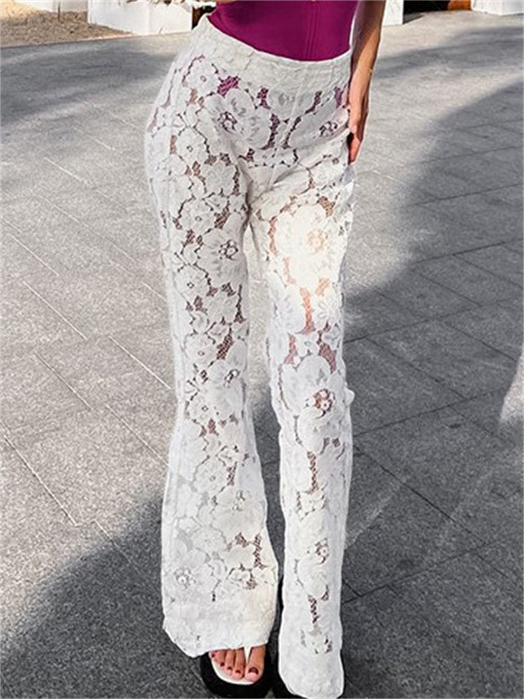 Tossy White Printed High Waist Straight Legg Patchwork Hollow Out Lace Pants Summer