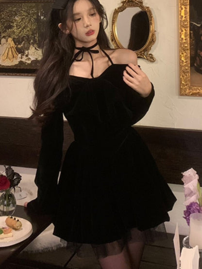 Y2k Velet Mini Dress A-line Princess Dress Mesh Ruffles Autumn Spring High Waist Lace Up Evening Party Vestidos New