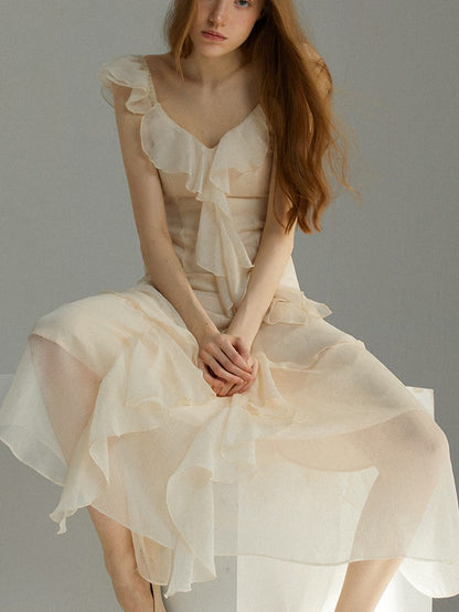 French Ruffles Midi Dress Summer New Sleeveless V-neck Holiday Beach Style A-line Party Prom Robe Vestido Mujer