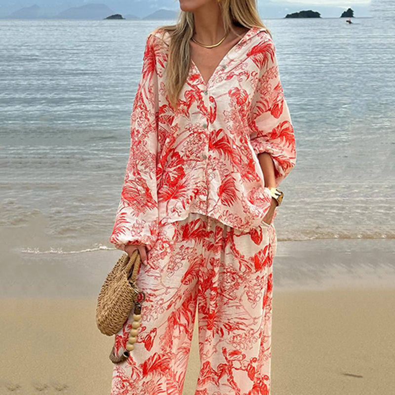 Women's Floral Print Long Sleeve Pants Two Piece Set artswardrobe