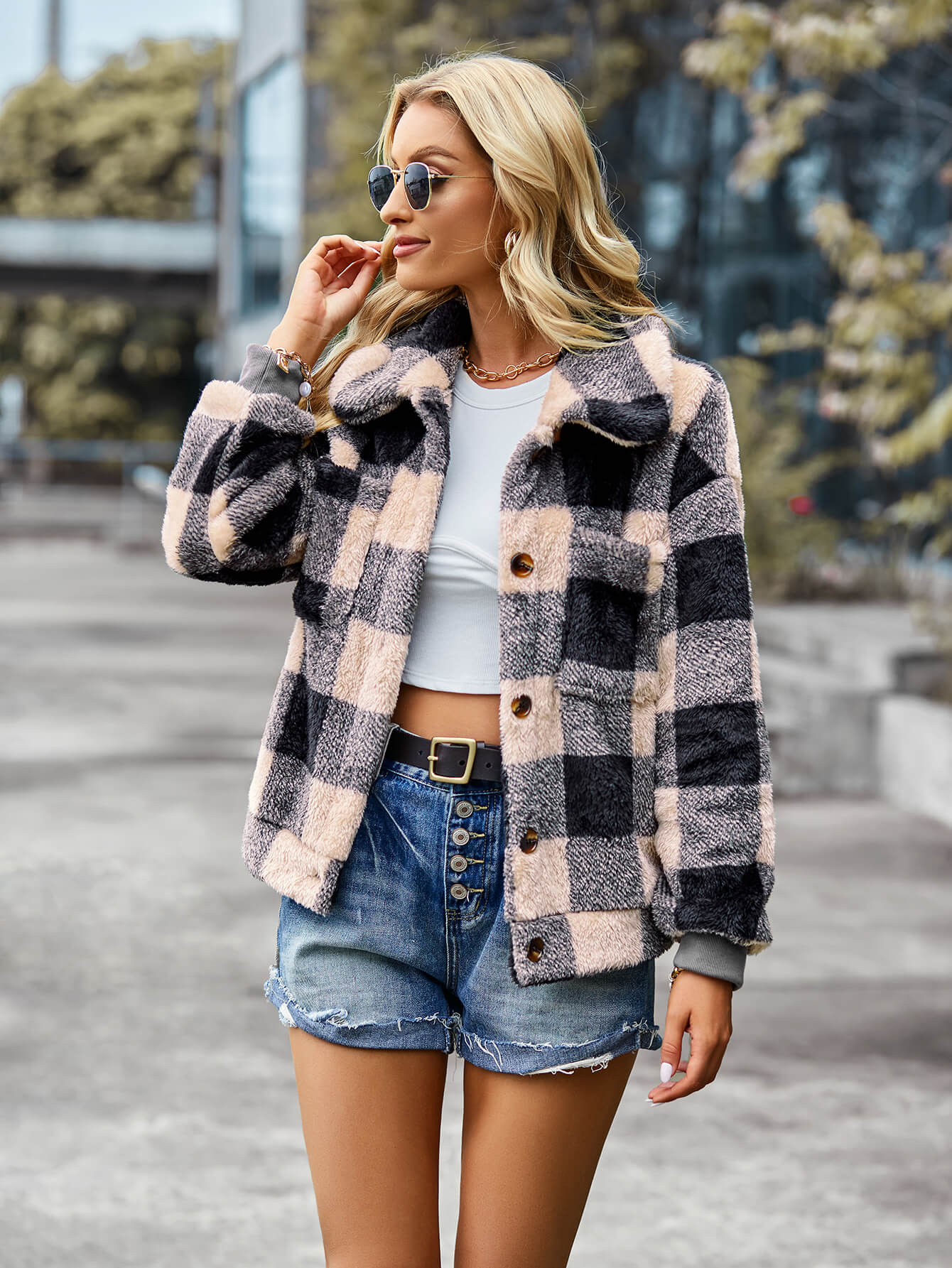 Bust Pocket Plaid Fleece Coat - Beige