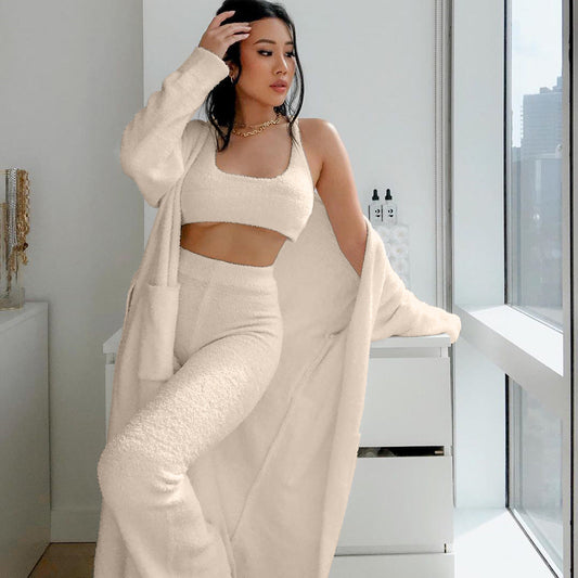 Fluffy Set Clothes Plush Lace-up Long Cardigan Belted Bathrobe Homewear Coat