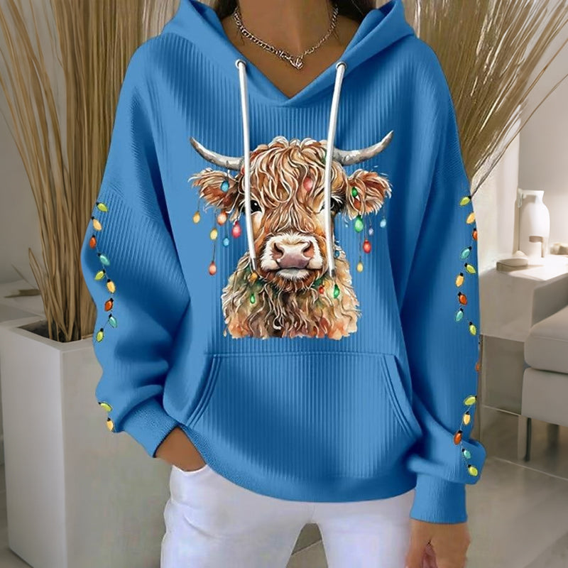 Women's Christmas Highland Cow Print Casual Hoodie artswardrobe