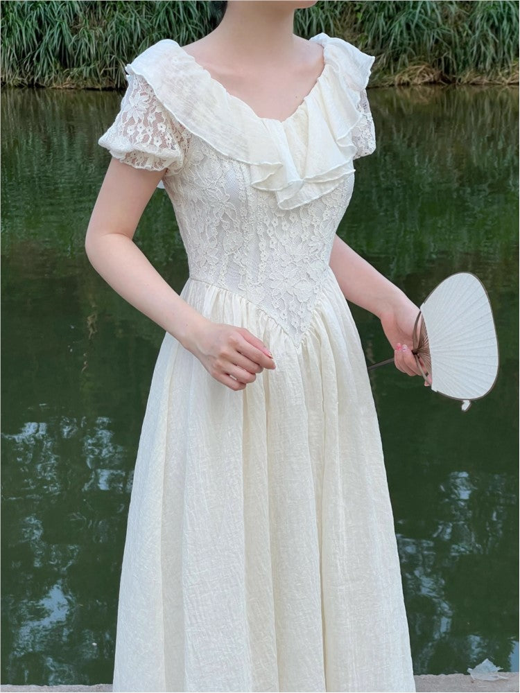 New Summer Off Shoulder Midi Dress Lace Patchwork Ruffles A-line French Prom Robe Vestidos