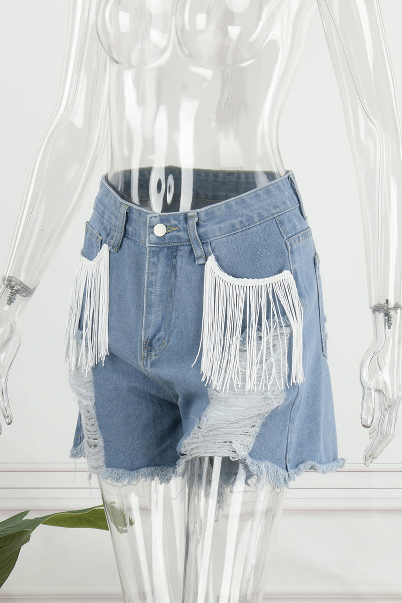Simplicity Tassel Ripped Straight Denim Shorts