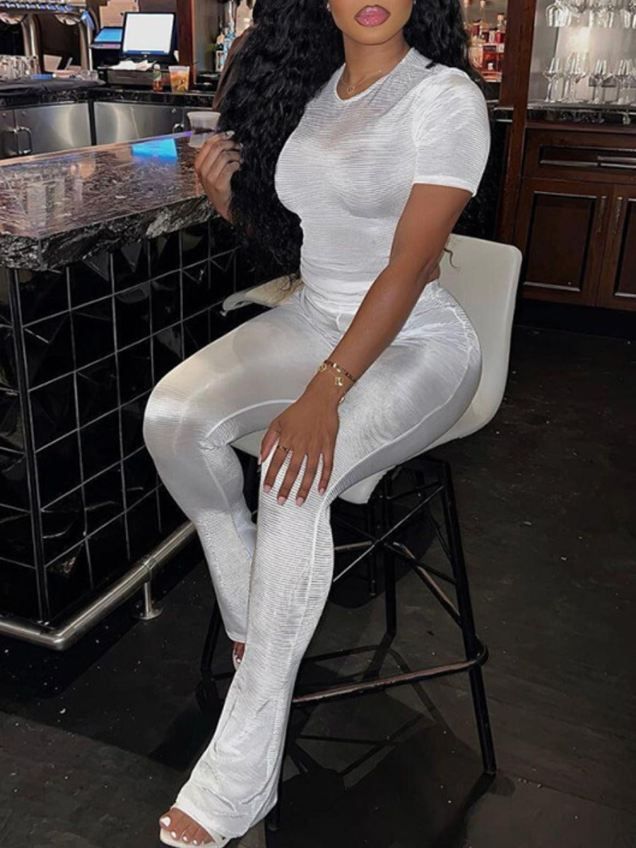 Basics Round Neck Skinny Flared Pants Set Spring Summer Color Short Sleeve Boot Cut Two Pieces Outfit for