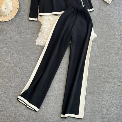 Spring and Autumn Chanel Style Suit Long Sleeved Contrast V Neck Knitted Cardigan High Waist Straight Wide Leg Pants Knitted Suit