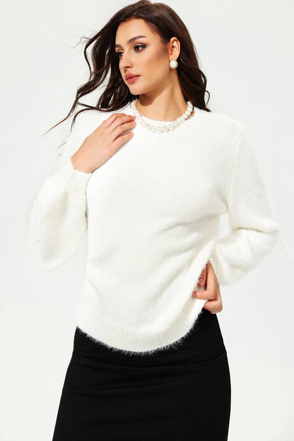 Long Sleeve Crew Collar Cut-out Lace Sweater White