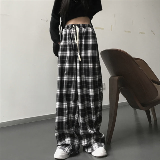 Oversize Sweatpants Black Plaid Pants Baggy Elastic Waist Pockets Student Hip Hop Loose Trousers