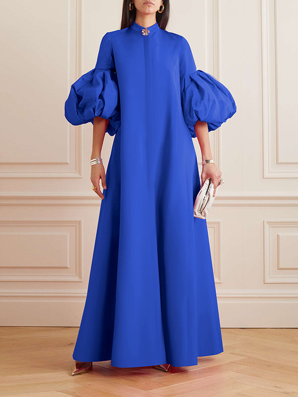 Loose Flower Shape Color Stand Collar Lantern Sleeves Maxi Dresses