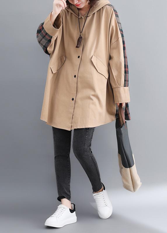 Classy Hooded Patchwork Tunic Coats Khaki Coats