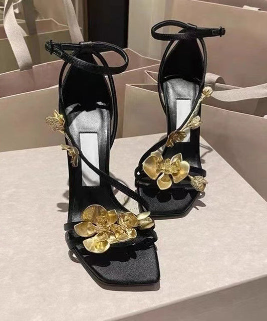 Black French Decorated Splicing High Heel Sandals Kj028