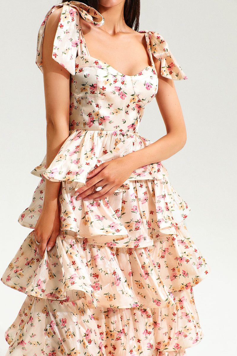 Lace Up Tiered Ruffle Hem Cami Maxi Dress