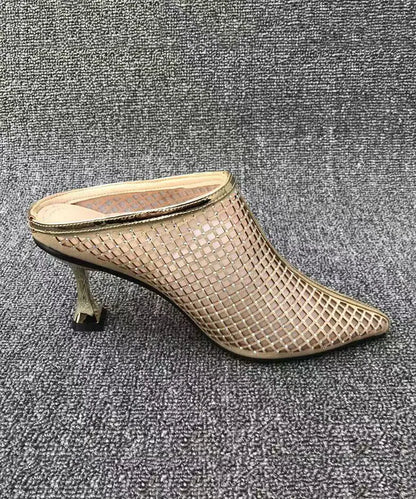 Stylish Gold Tulle Zircon High Heel Slide Sandals Pointed Toe Oi026