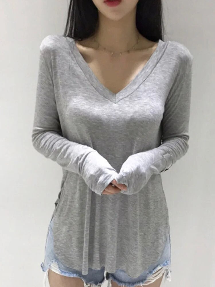V Neck T Shirt for Spring Korean Style Woman Clothes Basic T Shirts Long Sleeve Tops Loose Tee Shirt Camisetas
