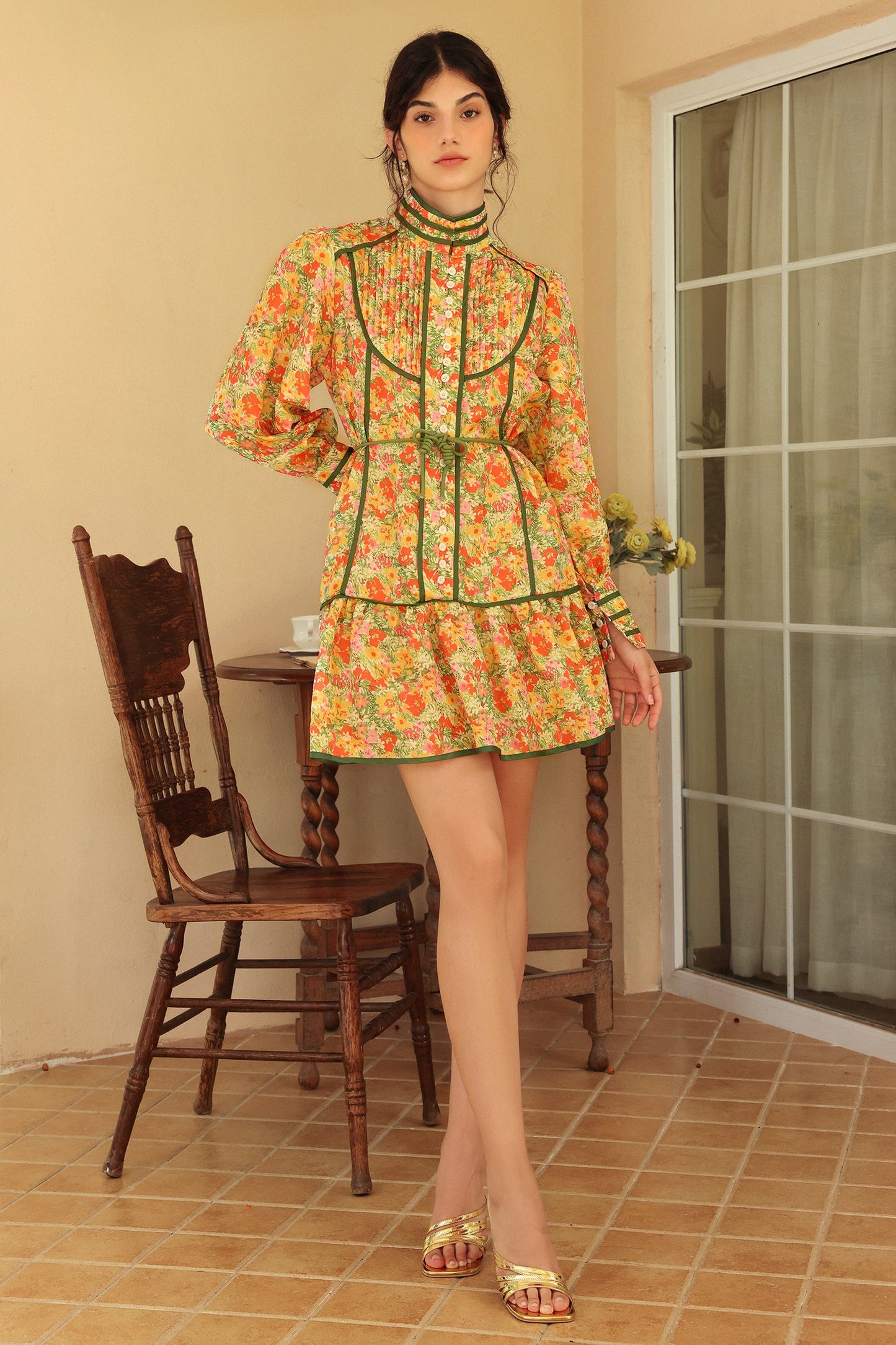Puff Long Sleeve High Collar Lace Up Ruffle Mini Dress