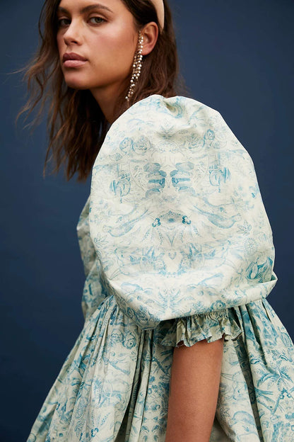 Puff Sleeve Square Collar Ruffle Hem Print Mini Dress