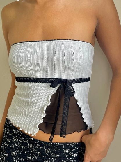 Taruxy Splice Mesh Slim Crop Tops for Sleeveless Off Shoulder Backless Top Bow Bandage Short Tees Femme