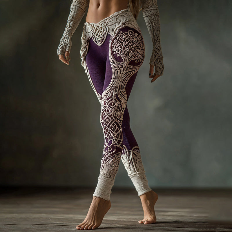 Vintage Viking Tree Of Life Celtic Knot Contrasting Colors Art Knit Cozy Leggings artswardrobe