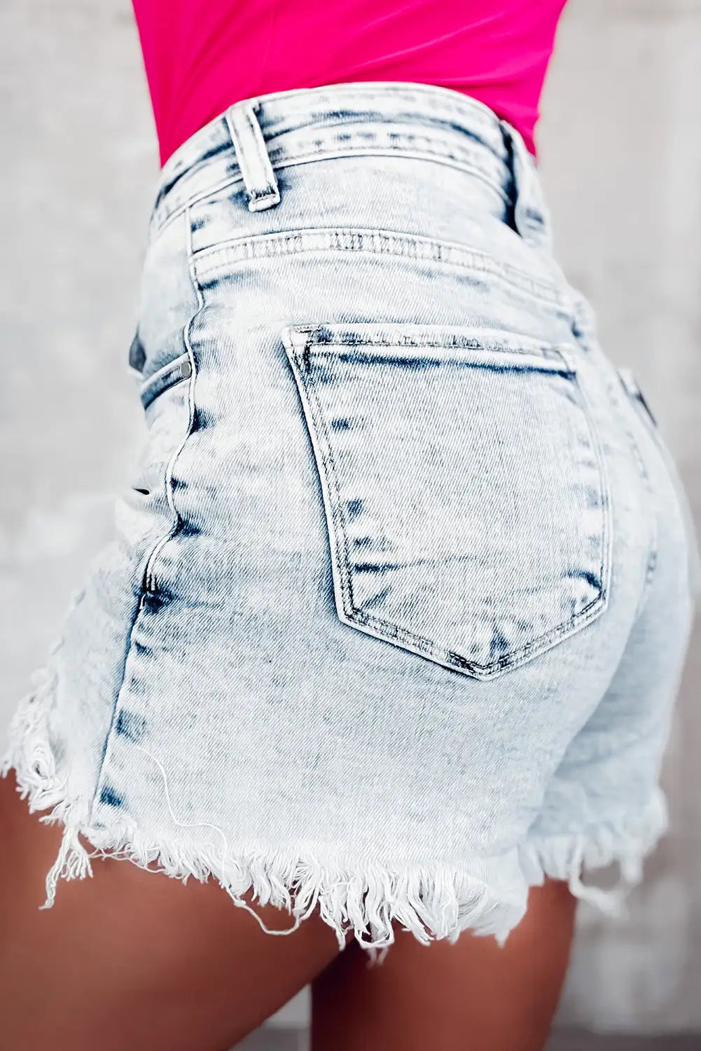 Crossed Light Blue Acid Wash Denim Shorts