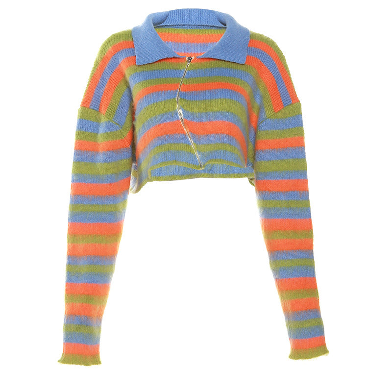 Summer Clothing Contrast Color Collared Slim Fit Knitted Cardigan Coat for