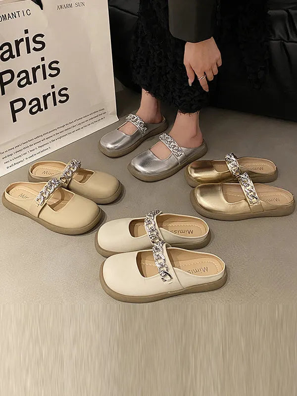 Chains Round-toe Shallow Cut Split-joint Mary Janes Slippers