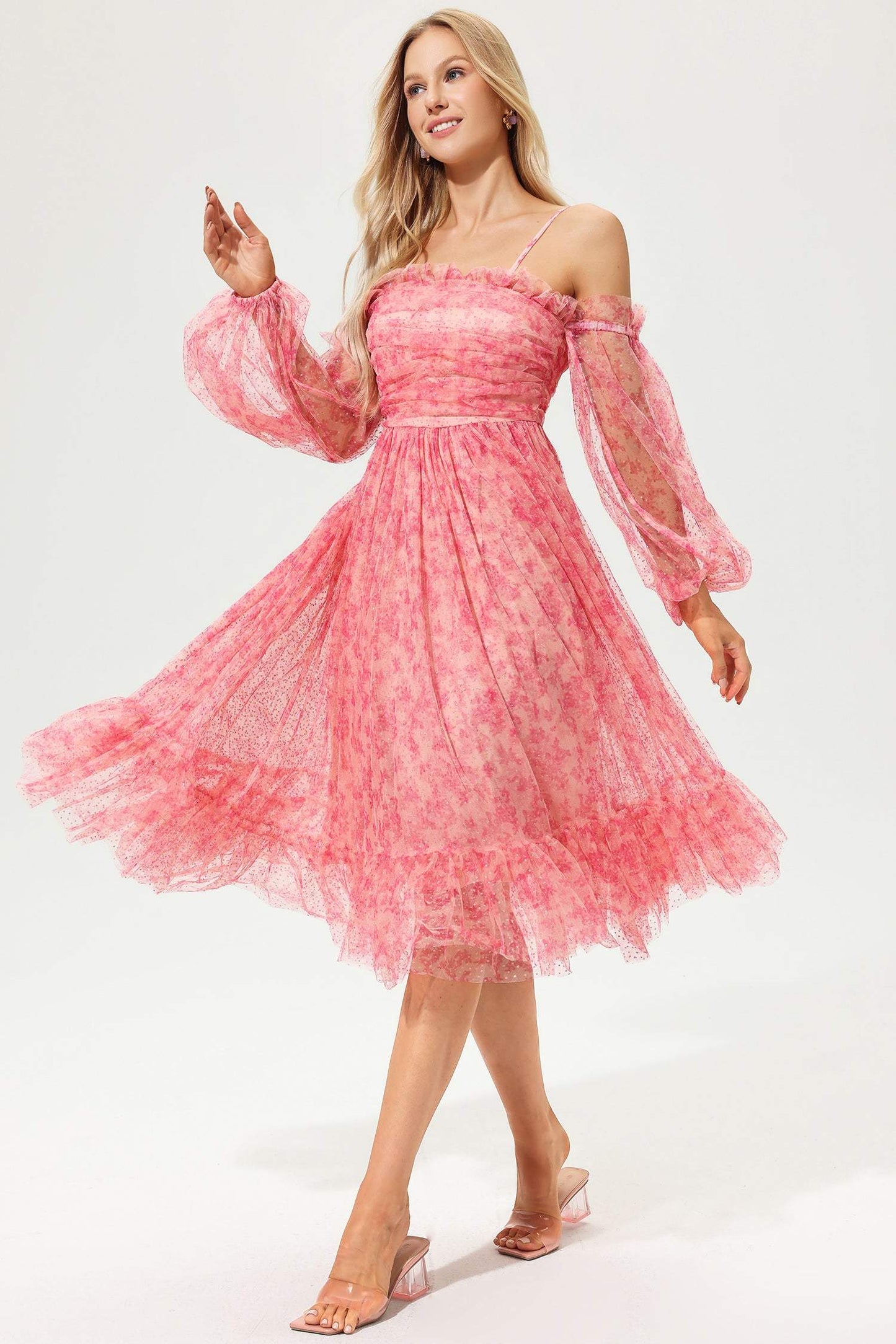 Lantern Sleeve Off-shoulder Pleated Midi Dress