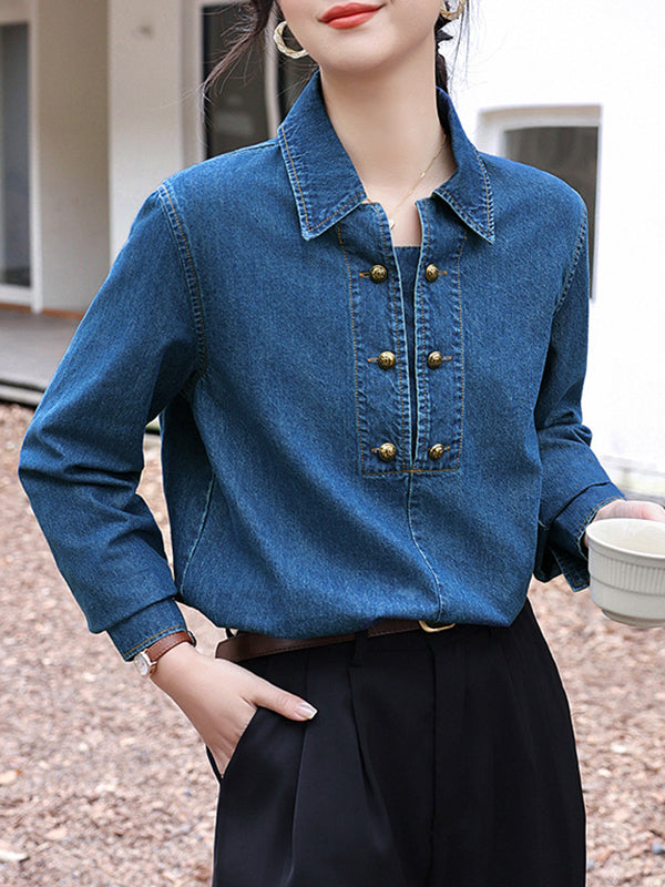 Long Sleeves Loose Buttoned Split-joint Lapel Blouses&shirts Tops
