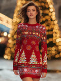Women's Christmas Tree Colorful Red Round Neck Knitted Dress artswardrobe