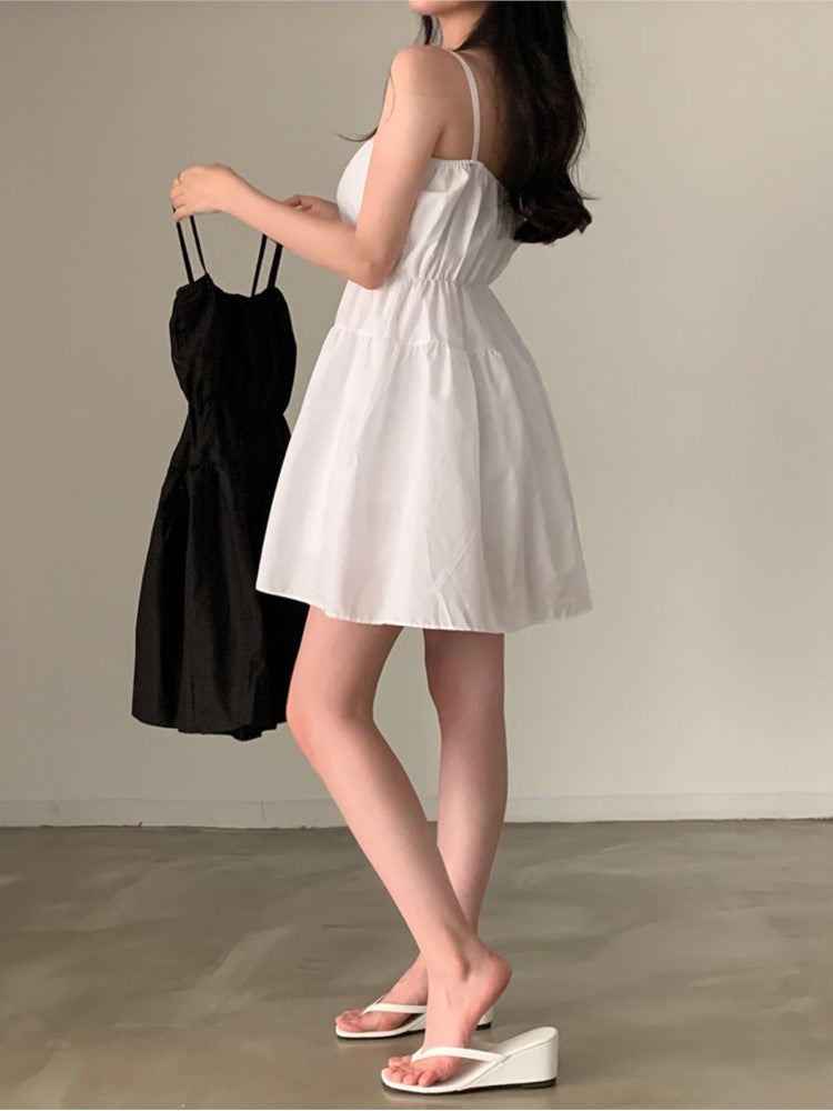 Simple Midi Dress Summer New Chiffon Spaghetti Strap Holiday Beach Style Loose Korean Female Vestidos