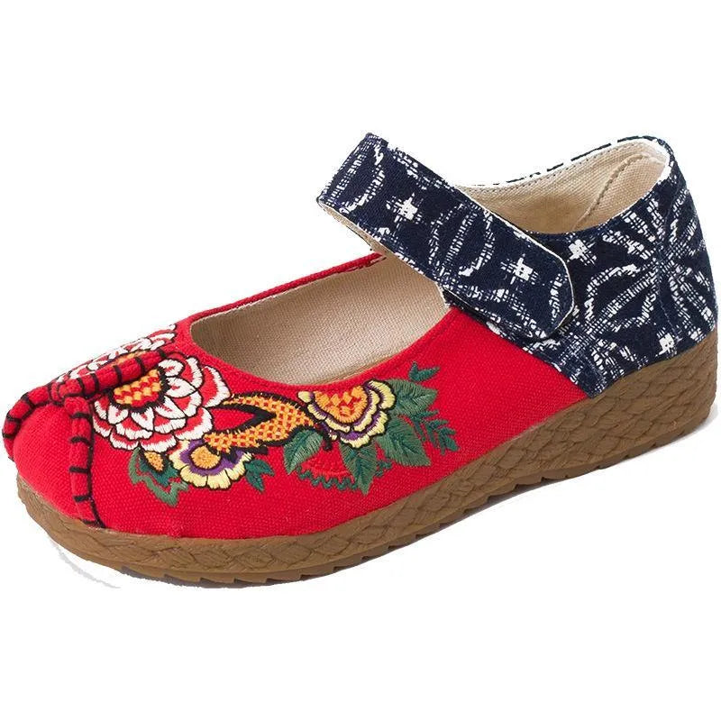 Red Cotton Embroidered Fabric Flat Shoes for Splicing Flats