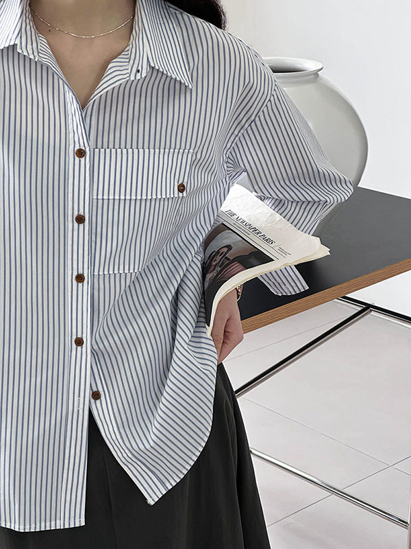 Long Sleeves Loose Buttoned Pockets Striped Lapel Blouses&shirts Tops