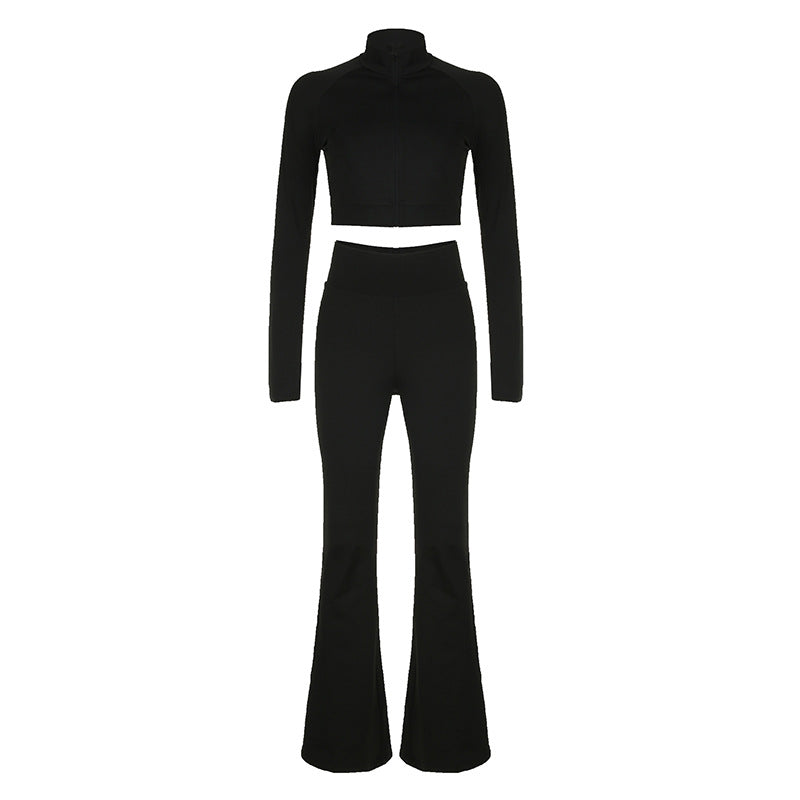 Zipper Short Cardigan Sheath High Waist Flared Pants Pure Black Sports Suit Autumn