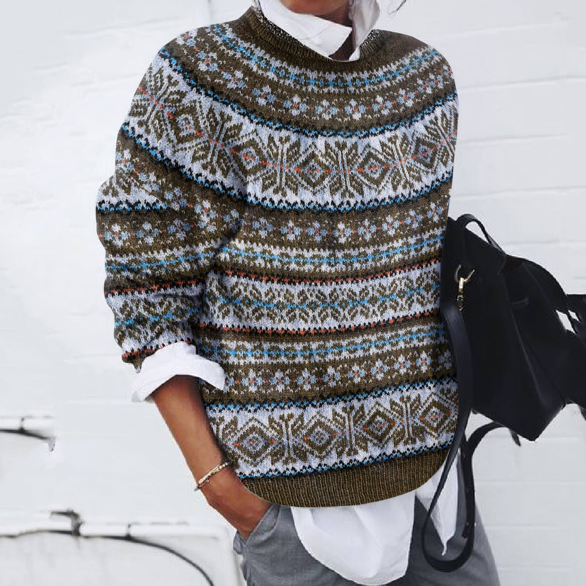Vintage Fairman Island Snowflake Jacquard Contrast Pattern Sweater elevenforest