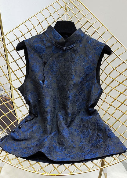 Stylish Blue Stand Collar Jacquard Slim Fit Silk Vest Sleeveless