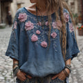 Women's Vintage Floral Blue Tie-dye Top artswardrobe