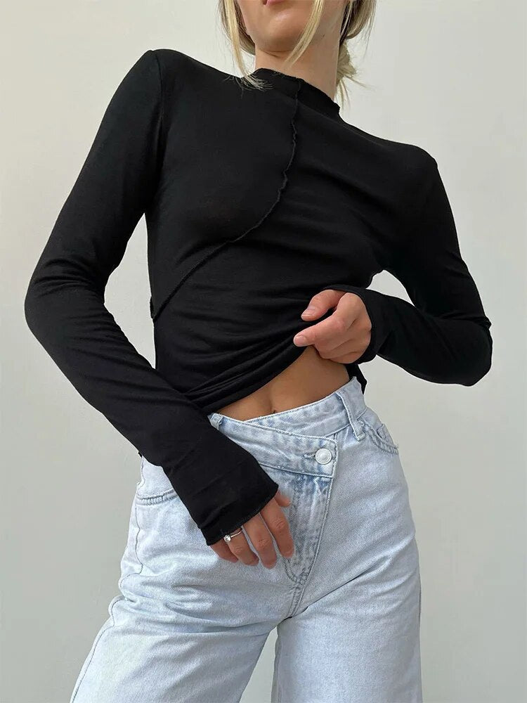 Splice Slim Fit Long Sleeve T-shirt Spring Autumn Half Turtleneck Basic T Shirt Tees