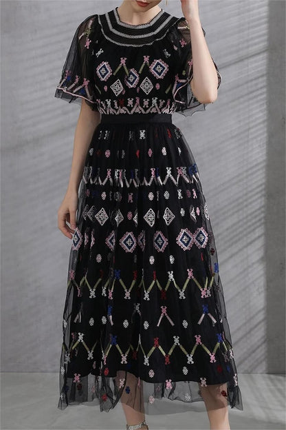 Mesh Embroidered Smocking Midi Dress