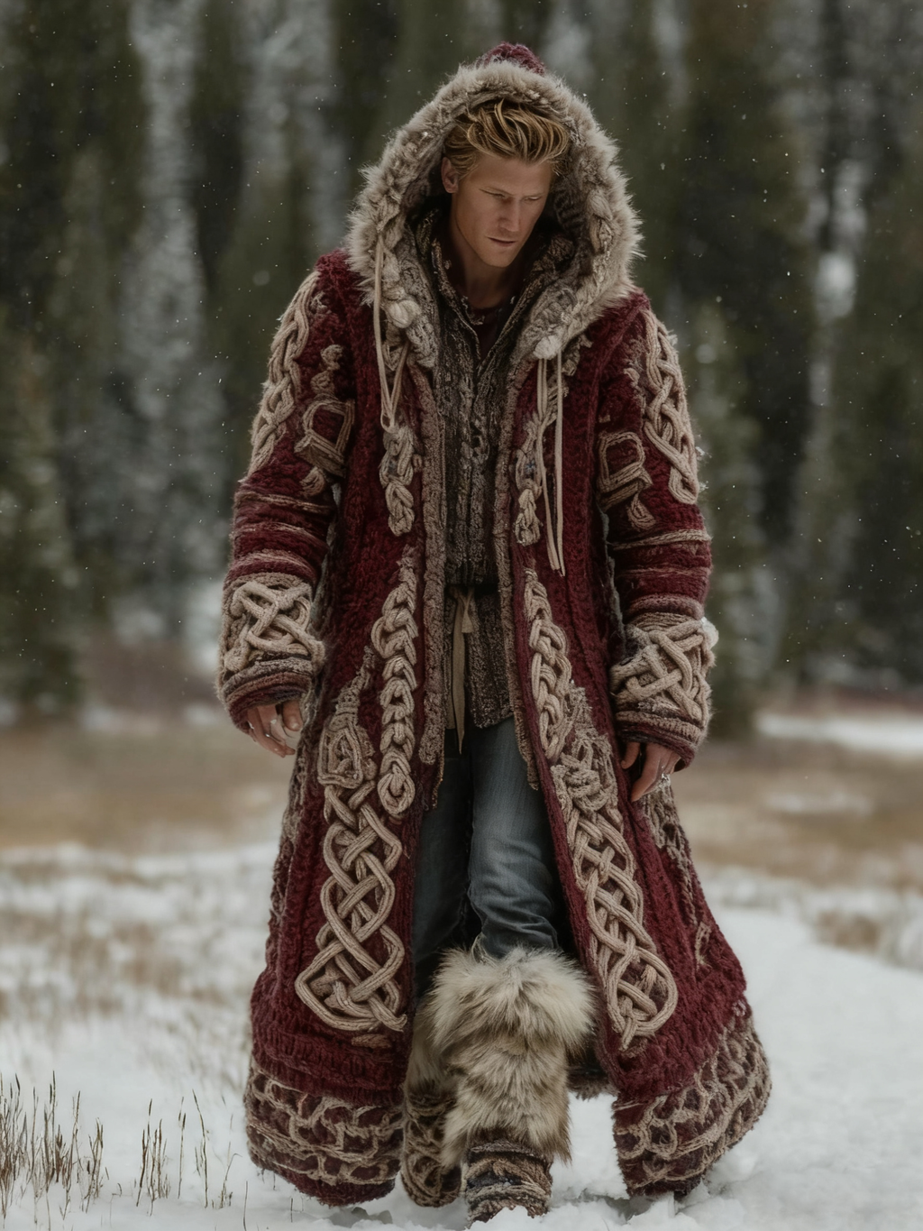 Men's Viking Celtic Knot Art Pocket Mid-length Fur Collar Chunky Knit Cardigan Sweater artswardrobe