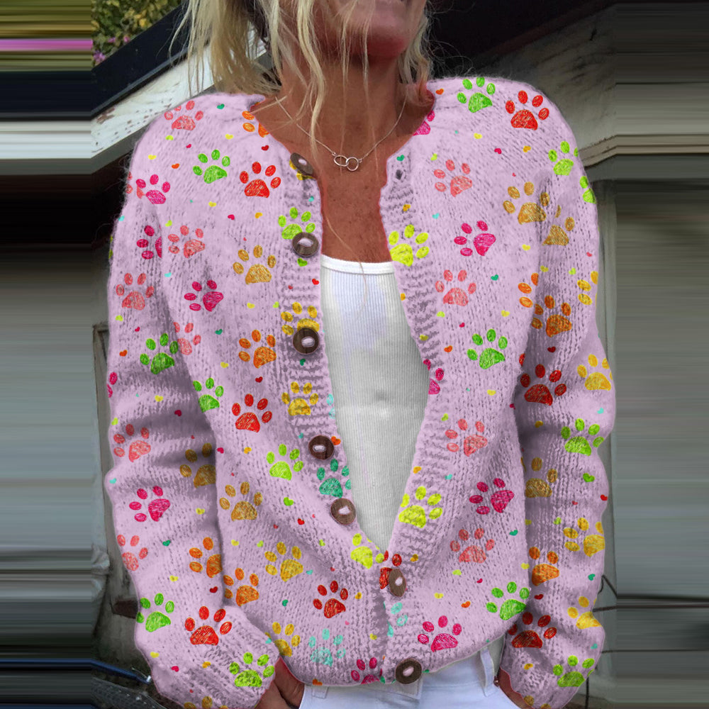 Comstylish Dog Paw Print Long Sleeve Casual Knitted Cardigan