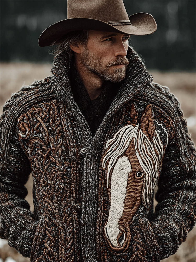 Men's Western Horse Celtic Cozy Chunky Cardigan elevenforest