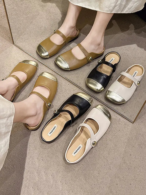 Contrast Color Shallow Cut Split-joint Square-toe Flats Mary Janes Slippers&mules
