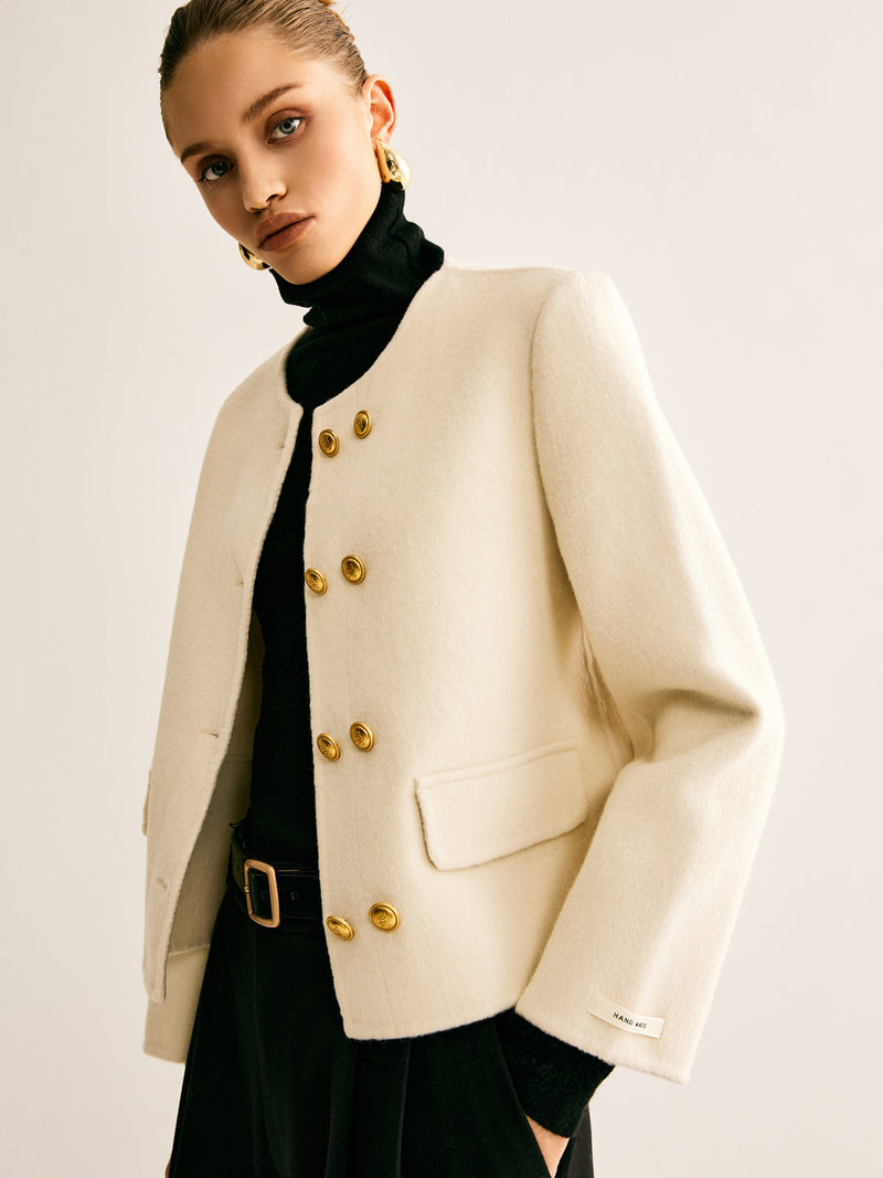 Woollen Blend Tweed Breasted Coat